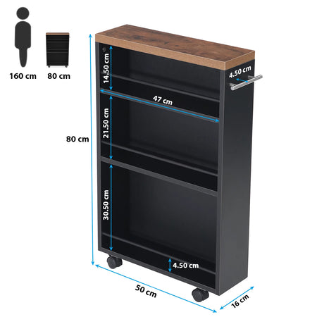 Carrello Portaoggetti Slim Salvaspazio da Cucina con 4 ruote 3 ripiani in Legno Nero