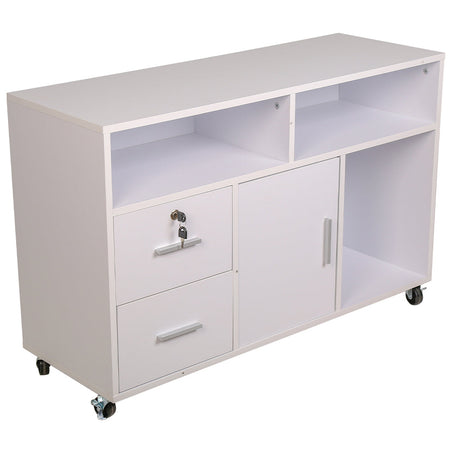 Mobile Multiuso Ufficio Bianco con 3 Mensole, 2 Cassetti e Armadietto con Chiave 4Ruote