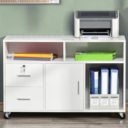 Mobile Multiuso Ufficio Bianco con 3 Mensole, 2 Cassetti e Armadietto con Chiave 4Ruote