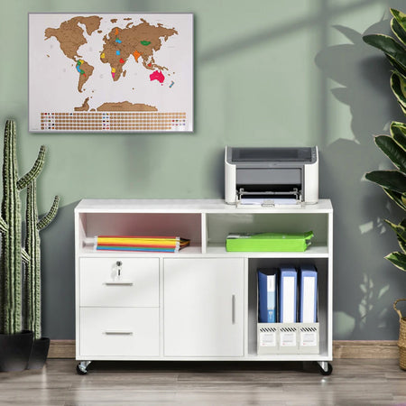 Mobile Multiuso Ufficio Bianco con 3 Mensole, 2 Cassetti e Armadietto con Chiave 4Ruote