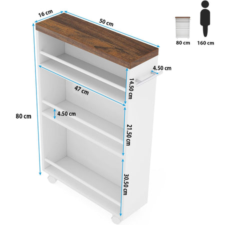 Carrello Portaoggetti Slim Salvaspazio da Cucina con 4 ruote 3 ripiani in Legno Bianco