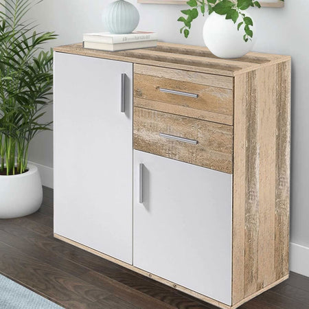 Mobile Cassettiera Moderna 2 Porte 2 Cassetti Design Minimal Bianco Quercia 82cm