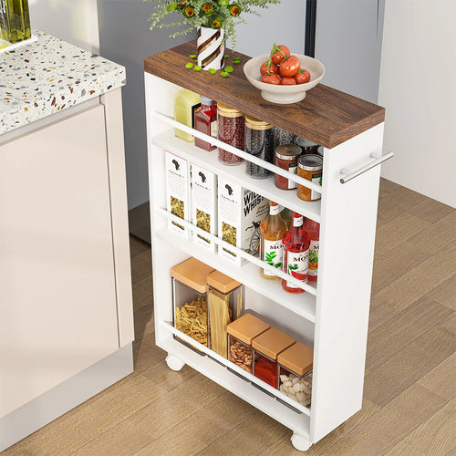 Carrello Portaoggetti Slim Salvaspazio da Cucina con 4 ruote 3 ripiani in Legno Bianco