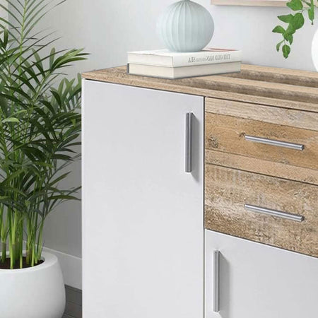 Mobile Cassettiera Moderna 2 Porte 2 Cassetti Design Minimal Bianco Quercia 82cm