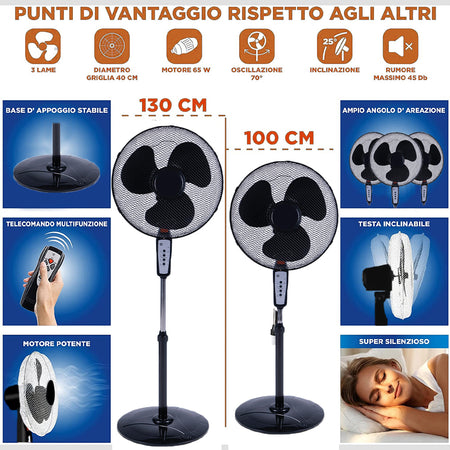 Ventilatore Colonna Piantana 50W 40cm 3 Velocità Telecomando Timer Regolabile