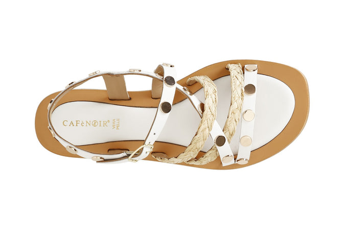 SANDALO ASIMMETRICO IN PELLE E RAFFIA