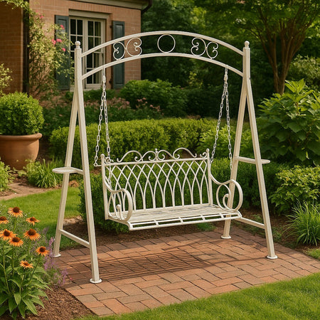 Biscottini Dondolo a due posti in ferro battuto finitura bianca anticata L198xPR100xH220 cm