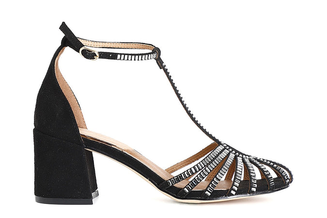 SANDALO GABBIA A T IN MICROFIBRA E STRASS