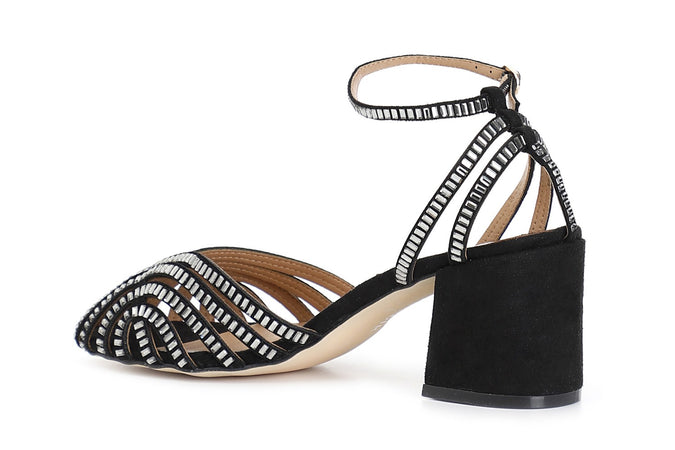 SANDALO A GABBIA LACCIO ALLA CAVIGLIA IN MICROFIBRA E STRASS