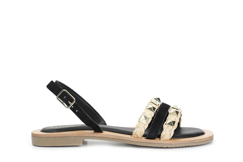 SANDALO IN PELLE SCAMOSCIATA E RAFFIA CON BORCHIE