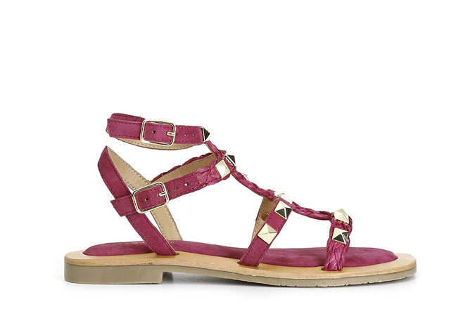 SANDALO GABBIA IN PELLE SCAMOSCIATA CONRAFFIA E BORCHIE