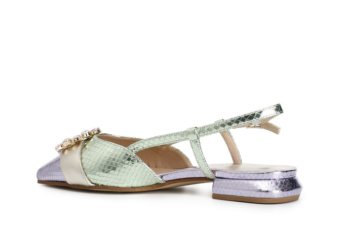 BALLERINA APERTA DIETRO IN STAMPA LAMINATA EFFETTO VIPERINA FIBBIA STRASS