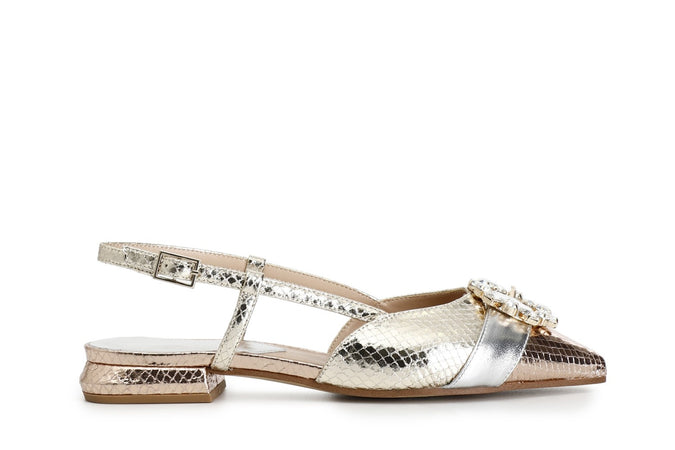 BALLERINA APERTA DIETRO IN STAMPA LAMINATA EFFETTO VIPERINA FIBBIA STRASS