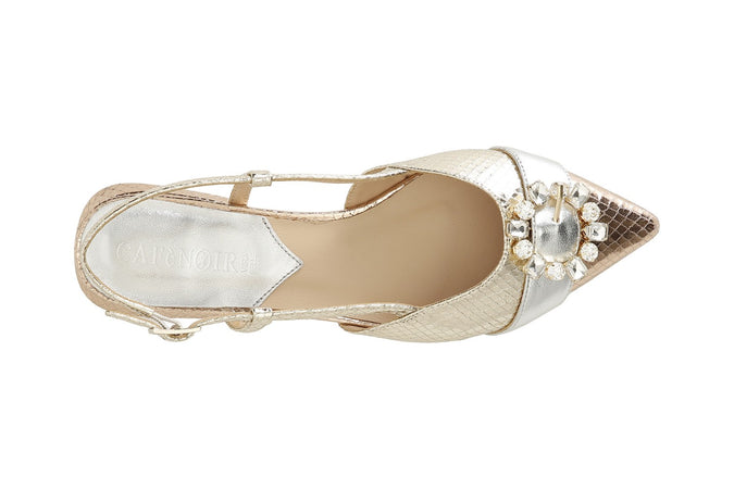 BALLERINA APERTA DIETRO IN STAMPA LAMINATA EFFETTO VIPERINA FIBBIA STRASS