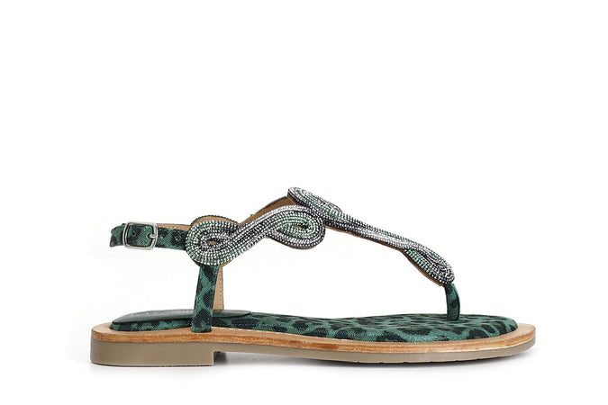 SANDALO INFRADITO IN CAMOSCIO E STAMPA MACULATA CON ACCESSORIO STRASS