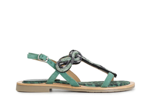 SANDALO INFRADITO IN CAMOSCIO E STAMPA MACULATA CON ACCESSORIO STRASS