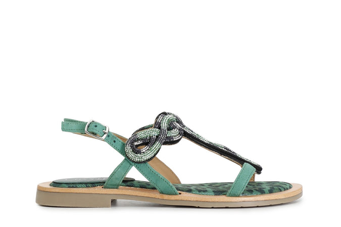 SANDALO INFRADITO IN CAMOSCIO E STAMPA MACULATA CON ACCESSORIO STRASS