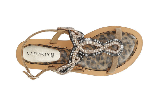 SANDALO INFRADITO IN CAMOSCIO E STAMPA MACULATA CON ACCESSORIO STRASS