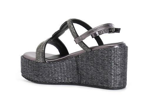 SANDALO DOPPIA FASCIA CON MOTIVO IN STRASS ZEPPA FASCIA RAFIA