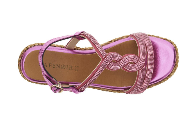 SANDALO DOPPIA FASCIA CON MOTIVO IN STRASS ZEPPA FASCIA RAFIA