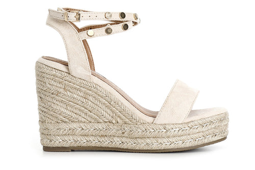 SANDALI IN TESSUTO CON BORCHIE SU ZEPPACORDA