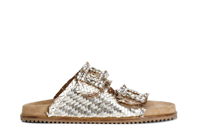 CIABATTA DOPPIA FIBBIA STRASS IN PELLE INTRECCIATA