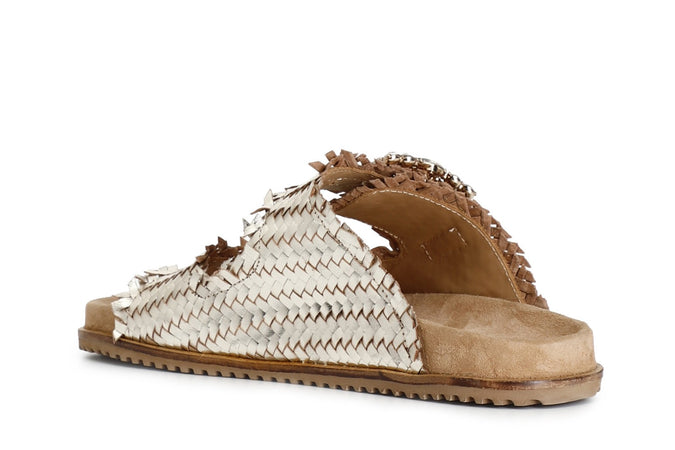 CIABATTA DOPPIA FIBBIA STRASS IN PELLE INTRECCIATA