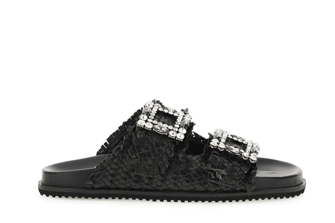 CIABATTA DOPPIA FIBBIA STRASS IN PELLE INTRECCIATA