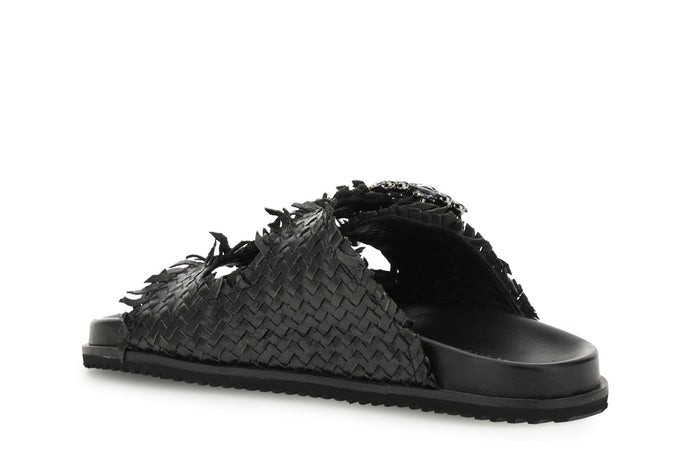 CIABATTA DOPPIA FIBBIA STRASS IN PELLE INTRECCIATA