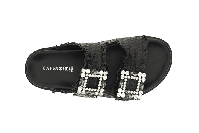 CIABATTA DOPPIA FIBBIA STRASS IN PELLE INTRECCIATA