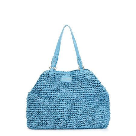 TOTE A LAVORAZIONE CROCHET CON CHARM COLORATO A CUORE CON BORDO IN RAFIA
