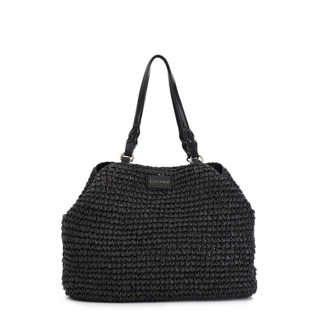 TOTE A LAVORAZIONE CROCHET CON CHARM COLORATO A CUORE CON BORDO IN RAFIA