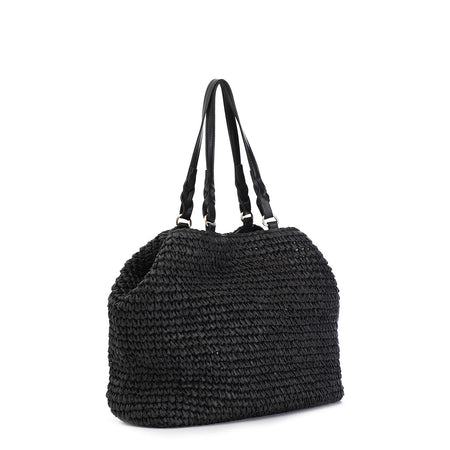 TOTE A LAVORAZIONE CROCHET CON CHARM COLORATO A CUORE CON BORDO IN RAFIA