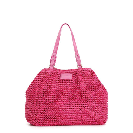 TOTE A LAVORAZIONE CROCHET CON CHARM COLORATO A CUORE CON BORDO IN RAFIA