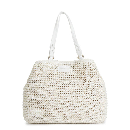 TOTE A LAVORAZIONE CROCHET CON CHARM COLORATO A CUORE CON BORDO IN RAFIA