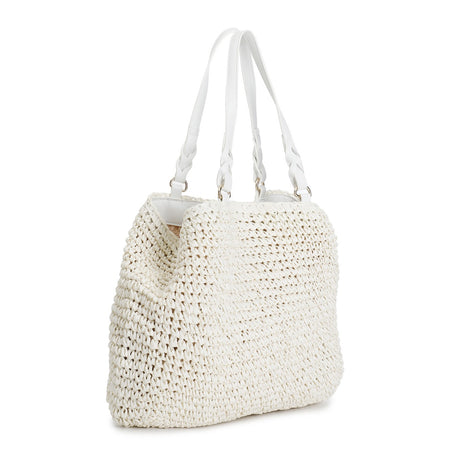 TOTE A LAVORAZIONE CROCHET CON CHARM COLORATO A CUORE CON BORDO IN RAFIA