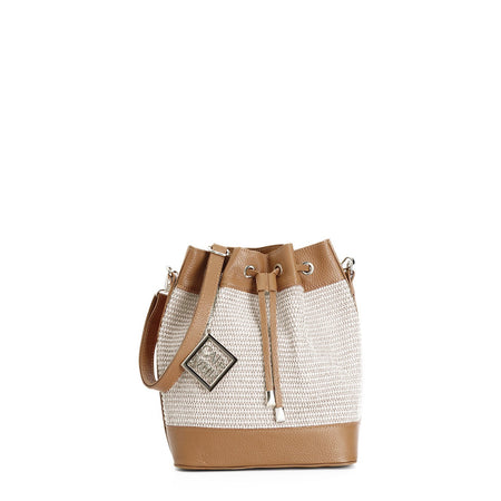 SECCHIELLO IN RAFFIA CON COULISSE ,CON RIFINITURE IN PELLE E CIONDOLO