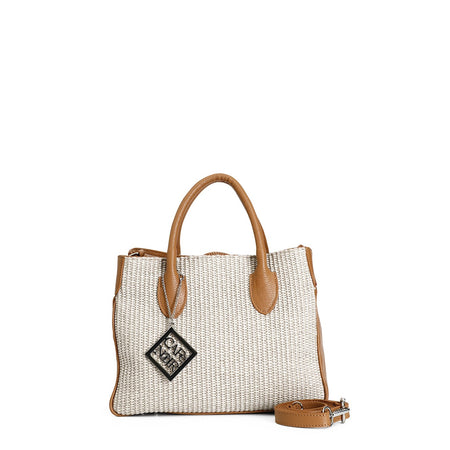 BAULETTO IN RAFFIA ,CON RIFINITURE IN PELLE E CIONDOLO