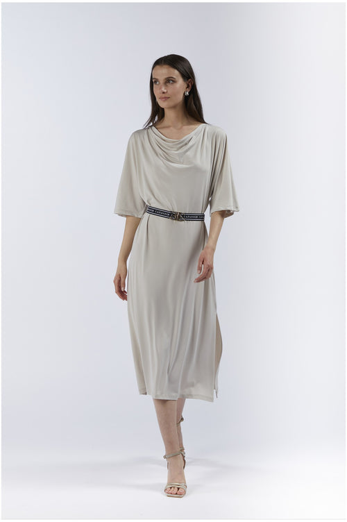 ABITO LUNGO CON SCOLLO DRAPPEGGIATO E CINTURA