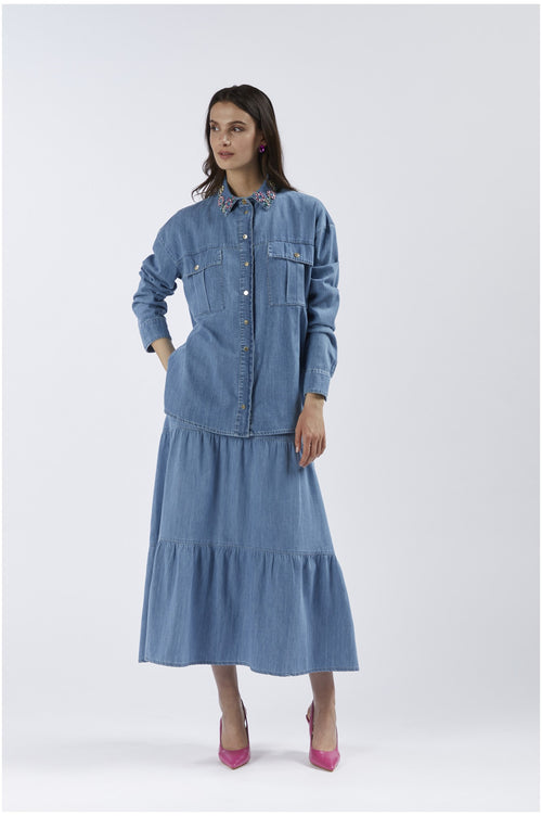 CAMICIA IN TELA DENIM CON COLLETTO RICAMATO