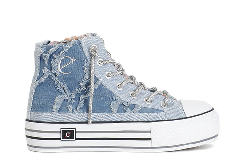 SNEAKERS MID IN DENIM SFRANGIATO CON LACCI STRASS