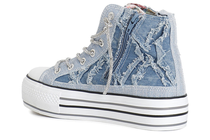 SNEAKERS MID IN DENIM SFRANGIATO CON LACCI STRASS