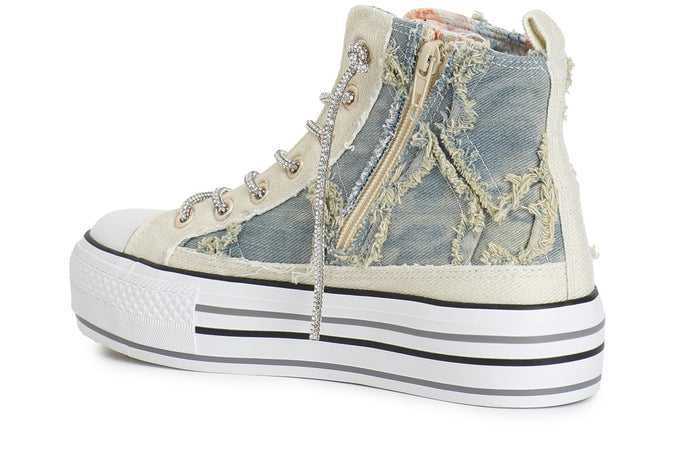 SNEAKERS MID IN DENIM SFRANGIATO CON LACCI STRASS