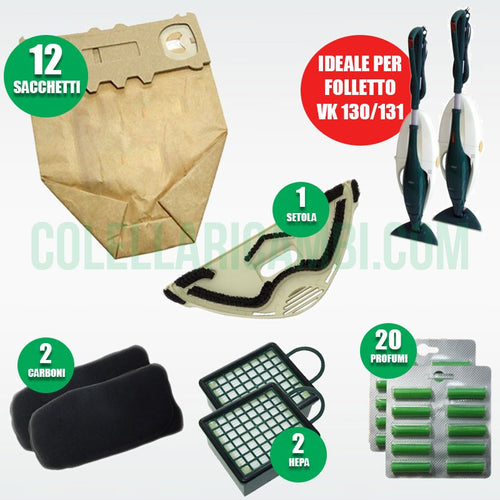 Kit 12 Sacchetti 20 Profumi 2 Filtri Carbone Attivo 2 Hepa 1 Setola Folletto VK130 VK131