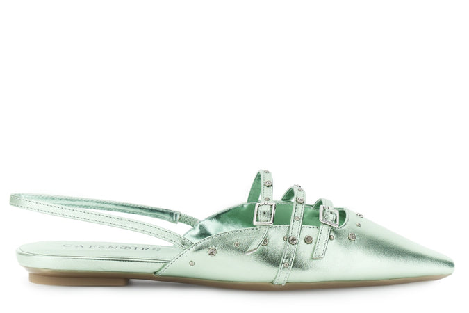 BALLERINA APERTA DIETRO IN PELLE LAMINATA CON BORCHIE E STRASS