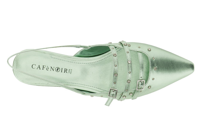 BALLERINA APERTA DIETRO IN PELLE LAMINATA CON BORCHIE E STRASS