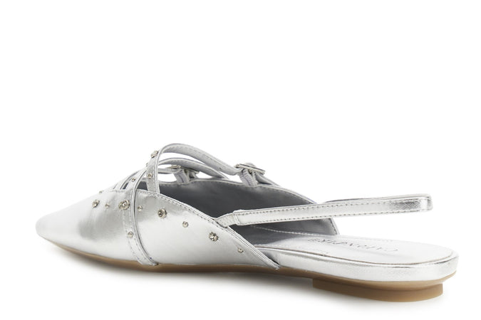 BALLERINA APERTA DIETRO IN PELLE LAMINATA CON BORCHIE E STRASS