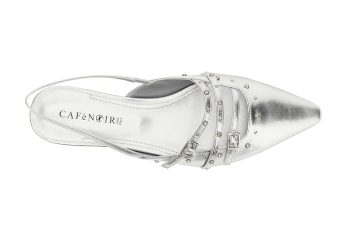 BALLERINA APERTA DIETRO IN PELLE LAMINATA CON BORCHIE E STRASS