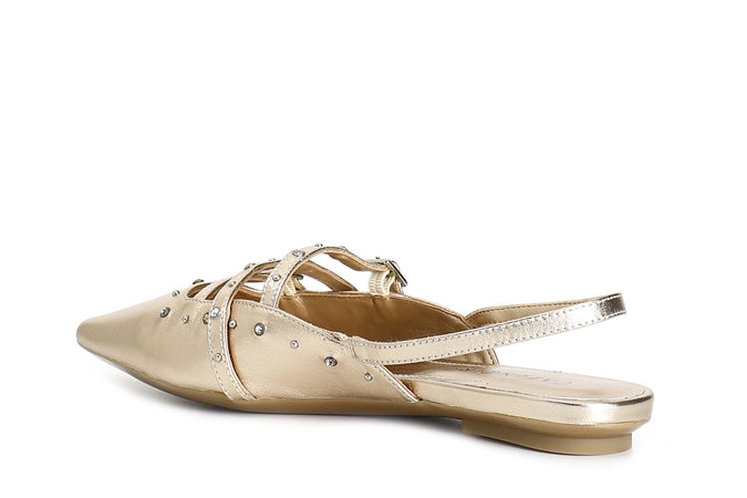 BALLERINA APERTA DIETRO IN PELLE LAMINATA CON BORCHIE E STRASS