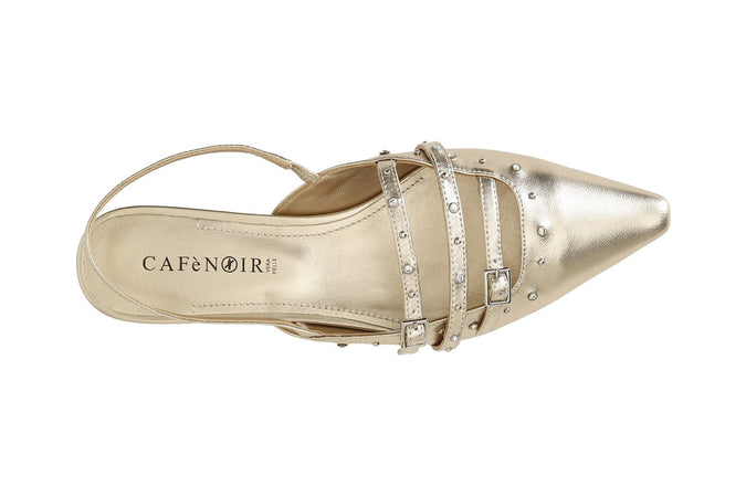 BALLERINA APERTA DIETRO IN PELLE LAMINATA CON BORCHIE E STRASS